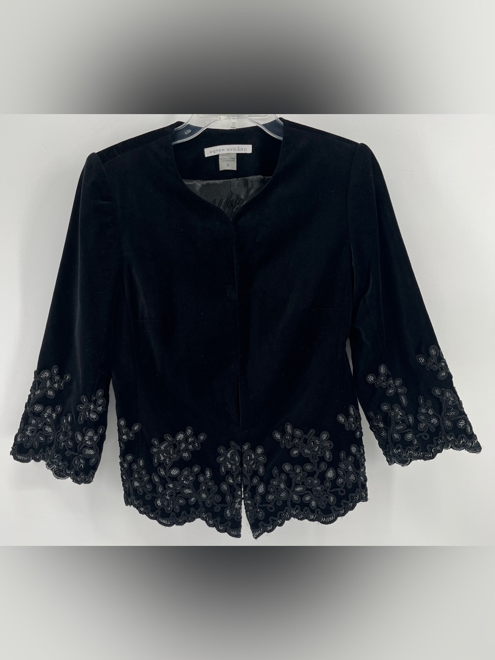 Peter Nygård Vintage Black Velvet Embroidered Soutache Open Front Blazer Jacket